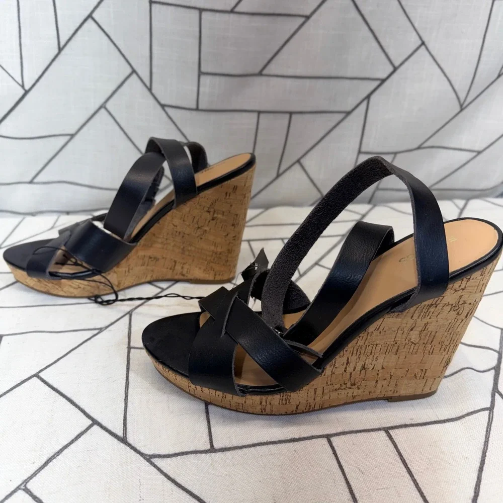 Express Wedge Sandals 10 Black Cork Platform Strappy Buckle Heels nwt